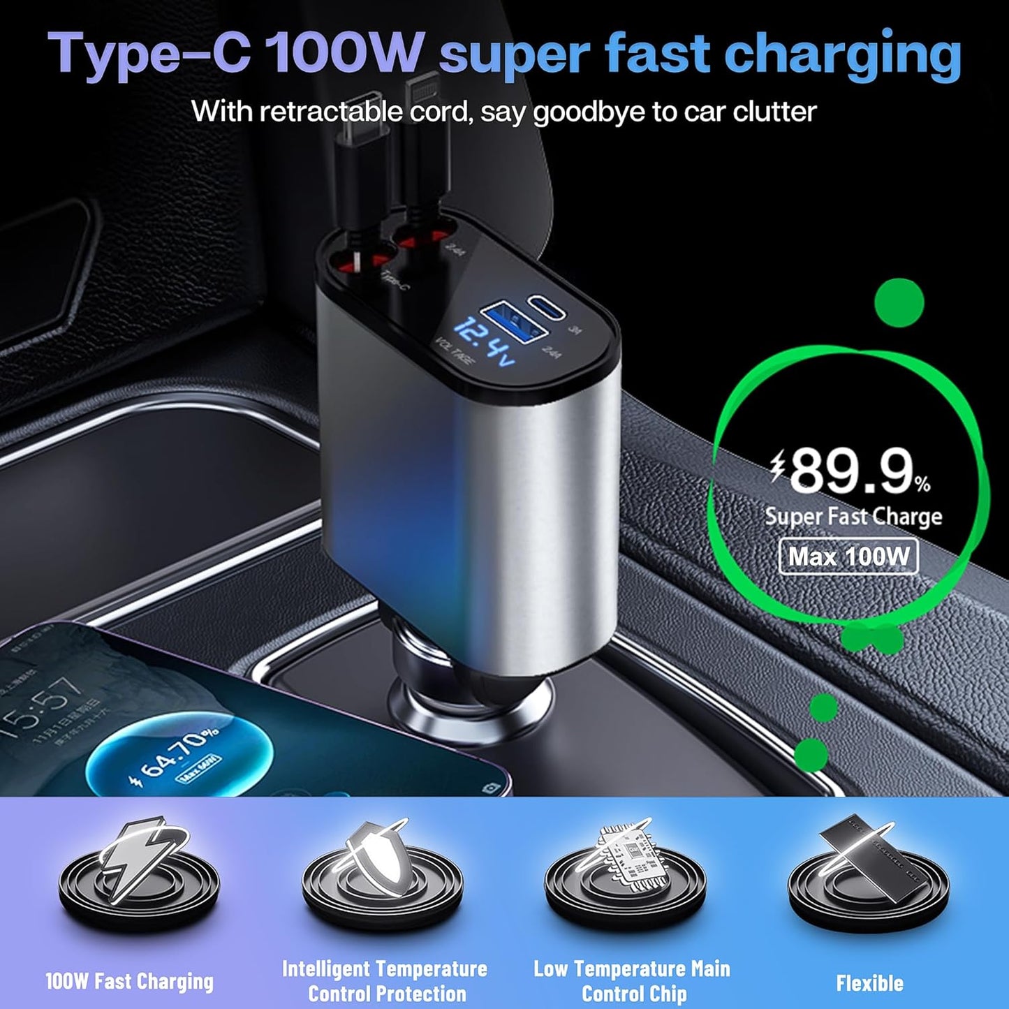 CarQust™ 100W Metal Fast Car Charger | 4-in-1 USB-C & Type-A Adapter
